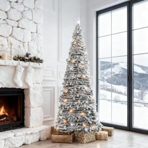 Fully-Decorated Pop Up Christmas Tree, 6FT Collapsible Christmas Tree, Pencil Xmas Trees Artificial Holiday Decor Flocked Slim Christmas Trees with LED Lights